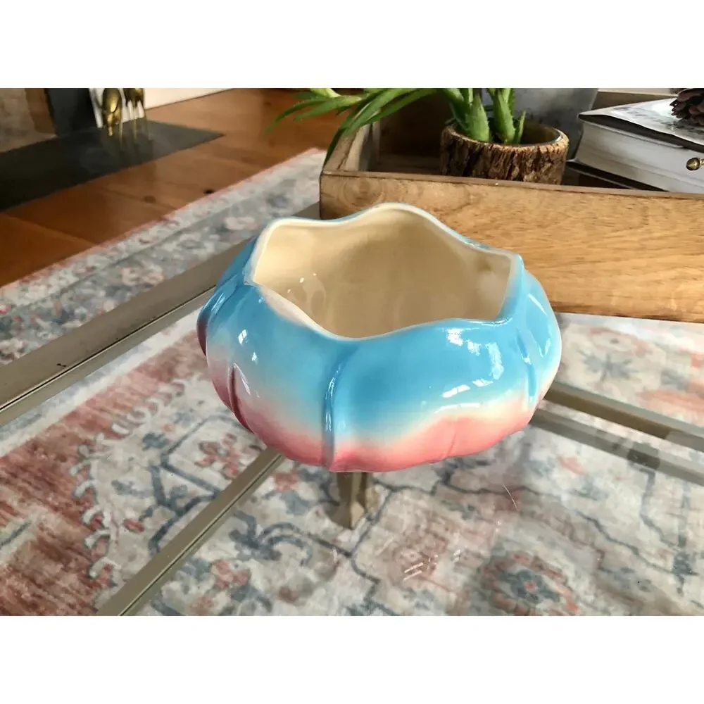 Vintage 1970s Ceramic Pansy Bud Vase Ring Planter Pink Blue Mid Century Modern